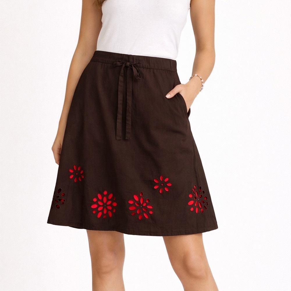 Boden Embroidered Eyelet Floral Skirt Brown Red Cotton A-Line Size 14‎